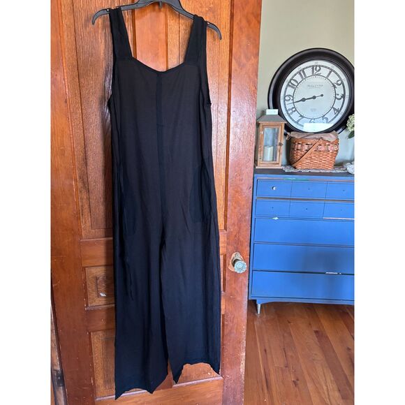 Black Wide-Leg Waffle Knit Romper Jumpsuit w/ Pockets & Open Tie-Back Summer - Picture 1 of 8